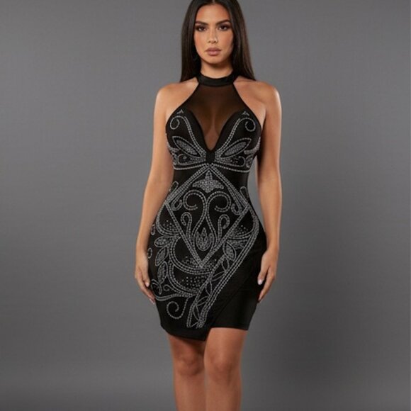 Rhinestone Halter Neck Backless Body Con Dress - Picture 2 of 7